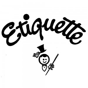 A little man wearing a bow tie and a top hat holding a cane under the word etiquette