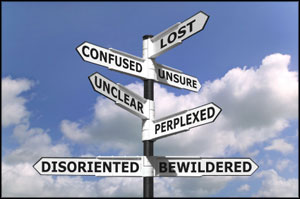 Road sign displaying words like "Confused," "Lost," and "Unsure"